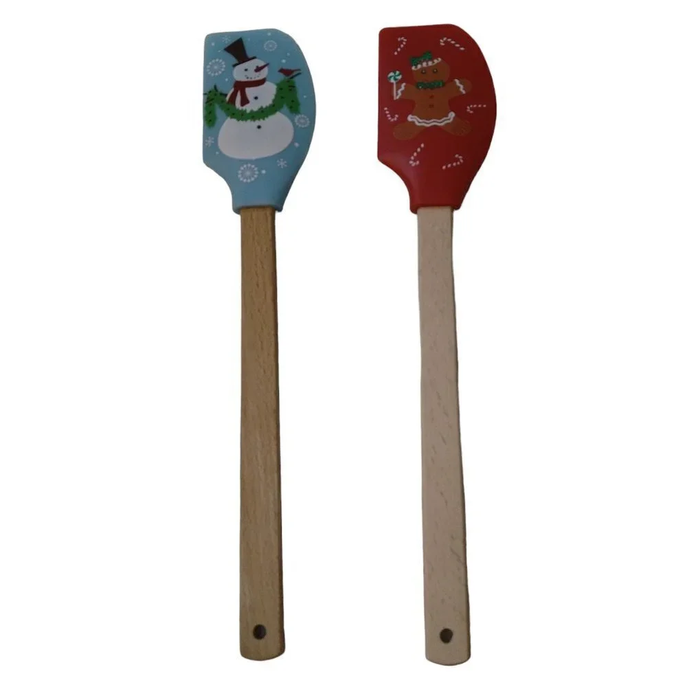 2 Christmas Spatulas Silicone Wood Handle Measurement Conversion On Back CB1